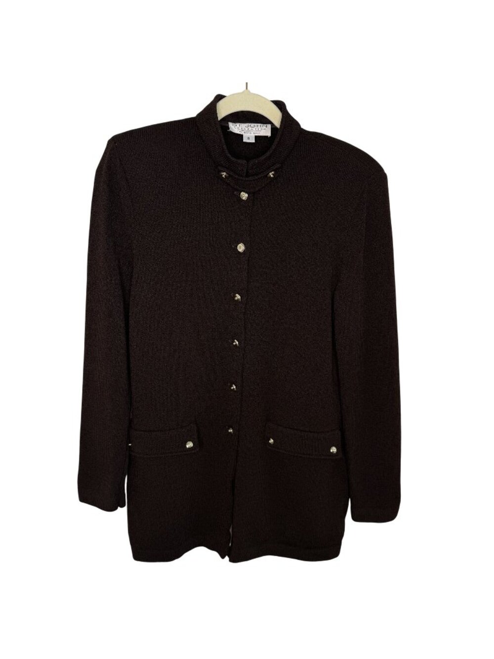 Flawed St. John Brown Santana Knit Cardigan Jacket With Gold Buttons, 8